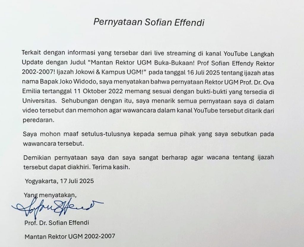 Surat pernyataan mantan Rektor Universitas Gadjah Mada (UGM) Profesor Sofian Effendi. (Foto: Tangkapan layar medsos)