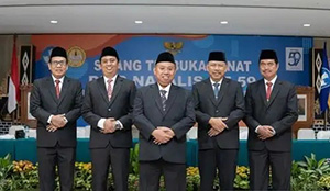 Kiri ke kanan Jajaran Rektorat Universitas Jenderal Soedirman (Unsoed) - Wakil Rektor Bidang Perencanaan, Kerja Sama, dan Humas Prof. Waluyo Handoko (kiri), Wakil Rektor Bidang Kemahasiswaan Prof. Norman Arie Prayogo (dua kiri), Rektor Universitas Jenderal Soedirman (Unsoed) Prof. Akhmad Sodiq (tengah), Wakil Rektor Bidang Umum dan Keuangan Prof. Kuat Puji Prayitno (dua kanan) dan Wakil Rektor Bidang Akademik Prof. Noor Farid (kanan).  (Foto: Inilah.com/Universitas Jenderal Soedirman)